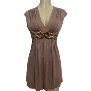 SKY Dress V neck Cap sleeve Jersey Mini Flare Tunic Beige Brown Tiger Gold XS